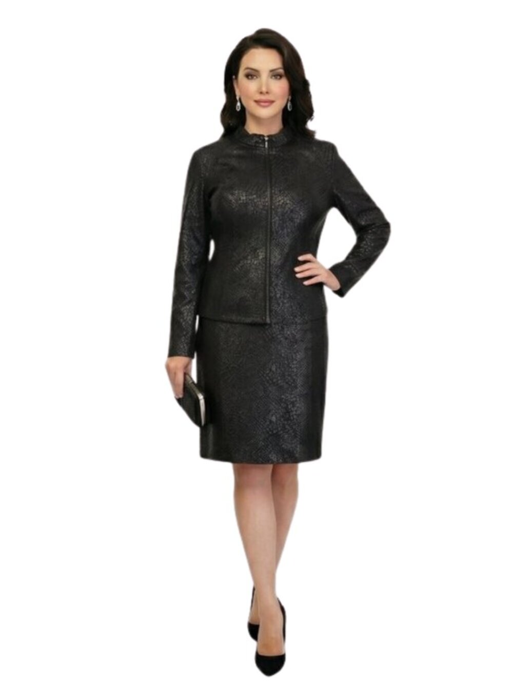 Additions By Chico's Faux Snakeskin Skirt Suit Set Black L/XL